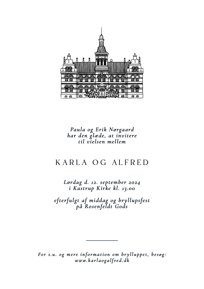 
                Denne smukke og enkle invitation er skabt til brudeparret, som snart skal fejre deres store dag på det betagende Rosenfeldt Gods. På bagsiden af invitationen har I mulighed for at tilføje praktiske oplysninger såsom bryllupsprogram, kontakter til toastmaster, gavekoordinator og andre relevante detaljer. Til designet kommer også matchende elementer i form af velkomstskilt, salmehæfte, bordoversigt, menukort, bordkort, drinkskort, takkekort mm. således I kan skabe en rød tråd for dagen.                